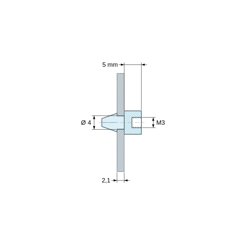 Disegno quotato 5 mm, Supporto per circuito stampato a scatto, con filettatura interna M3, nylon PA6.6 nero UL94-HB, foro Ø4 mm, circuito 2,1 mm