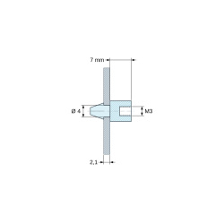 Disegno quotato 7 mm, Supporto per circuito stampato a scatto, con filettatura interna M3, nylon PA6.6 nero UL94-HB, foro Ø4 mm, circuito 2,1 mm