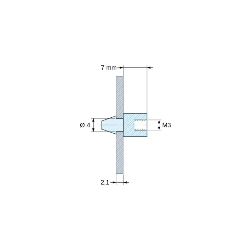 Disegno quotato 7 mm, Supporto per circuito stampato a scatto, con filettatura interna M3, nylon PA6.6 nero UL94-HB, foro Ø4 mm, circuito 2,1 mm