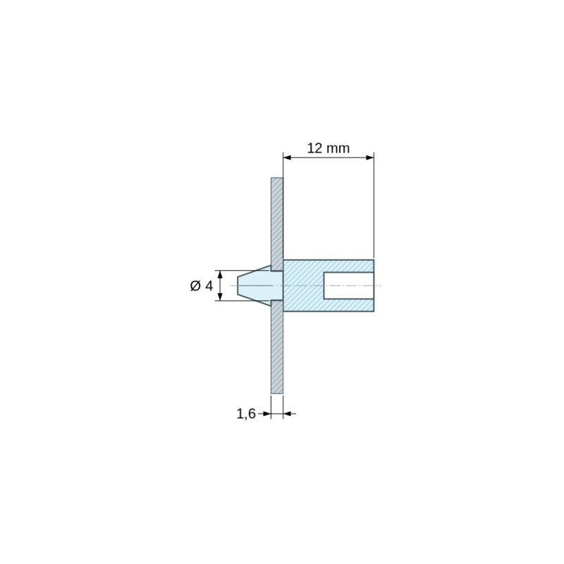 Disegno quotato 12 mm, Supporto PCB a scatto per vite M4, PA6.6 naturale UL94-V2, foro Ø4 mm, scheda 1,6 mm