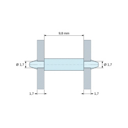 Disegno quotato 9,8 mm, Supporto PCB a doppio innesto, PA6.6 naturale, UL94-V2, foro PCB Ø1,7 mm, spessore PCB 1,7 mm