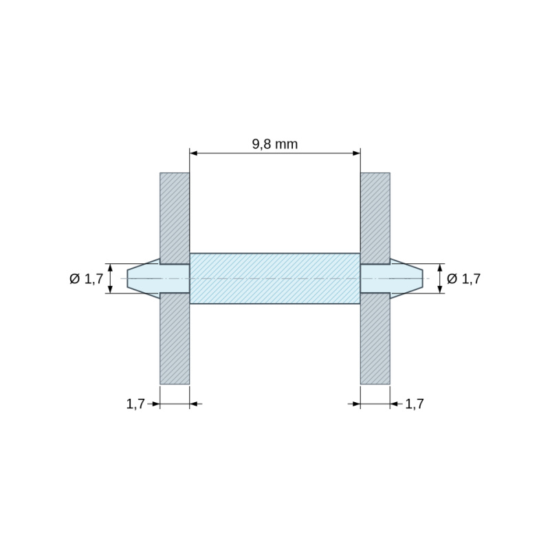 Disegno quotato 9,8 mm, Supporto PCB a doppio innesto, PA6.6 naturale, UL94-V2, foro PCB Ø1,7 mm, spessore PCB 1,7 mm