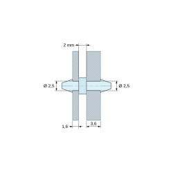 Disegno quotato 2 mm, Supporto PCB a doppio innesto, Poliammide PA6.6, naturale, UL94-V2, PCB Ø2,5/1,6 mm / CH Ø2,5/3,6 mm