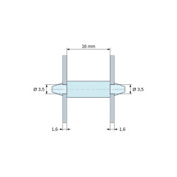 Disegno quotato 16 mm, Supporto PCB a doppio innesto, PA6.6 naturale, UL94-V0, foro PCB Ø3,5 mm, spessore PCB 1,6 mm