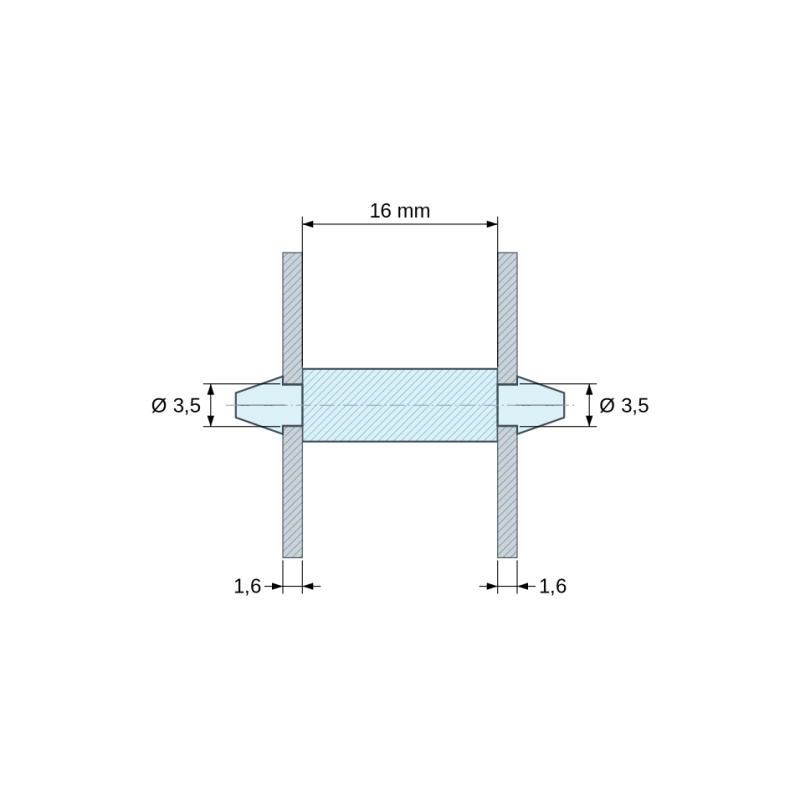 Disegno quotato 16 mm, Supporto PCB a doppio innesto, PA6.6 naturale, UL94-V0, foro PCB Ø3,5 mm, spessore PCB 1,6 mm