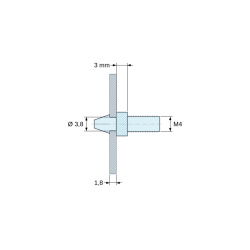 Disegno quotato 3 mm, Supporto per circuito stampato a scatto, filettato M4, nylon PA6.6 nero UL94-HB, foro Ø3,8 mm, circuito 1,8 mm