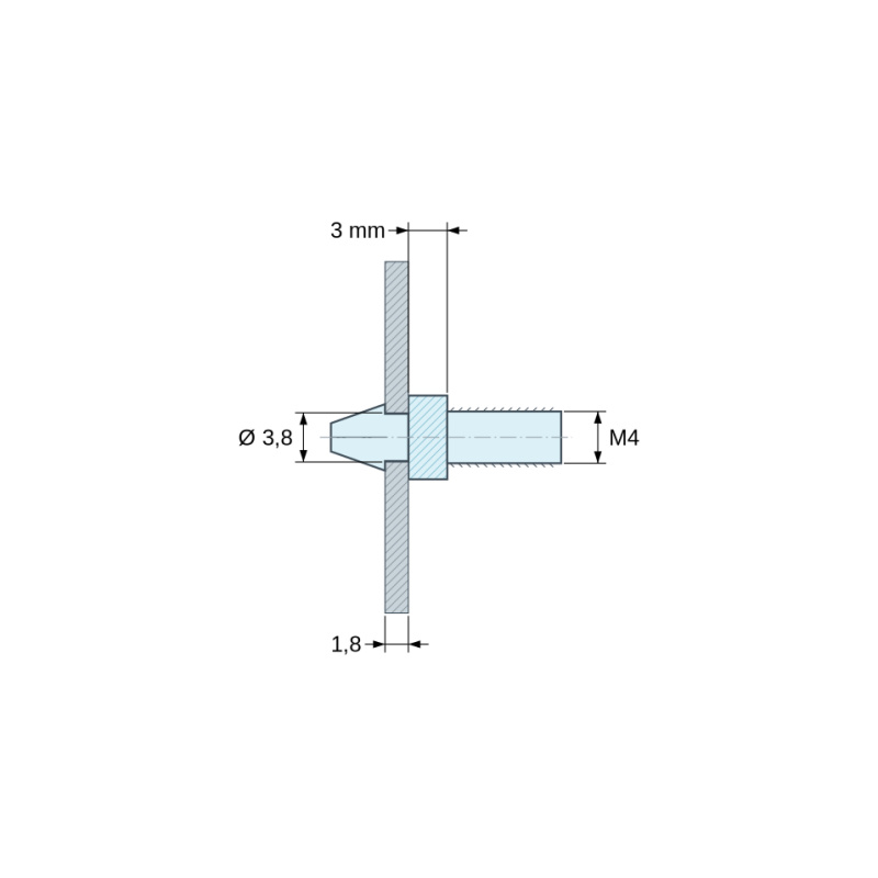 Disegno quotato 3 mm, Supporto per circuito stampato a scatto, filettato M4, nylon PA6.6 nero UL94-HB, foro Ø3,8 mm, circuito 1,8 mm