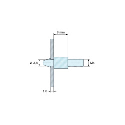 Disegno quotato 8 mm, Supporto per circuito stampato a scatto, filettato M4, nylon PA6.6 nero UL94-HB, foro Ø3,8 mm, circuito 1,8 mm