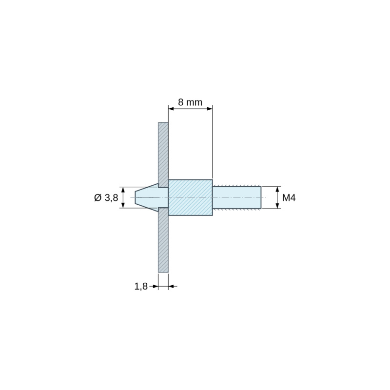 Disegno quotato 8 mm, Supporto per circuito stampato a scatto, filettato M4, nylon PA6.6 nero UL94-HB, foro Ø3,8 mm, circuito 1,8 mm