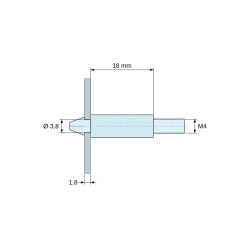 Disegno quotato 18 mm, Supporto per circuito stampato a scatto, filettato M4, nylon PA6.6 nero UL94-HB, foro Ø3,8 mm, circuito 1,8 mm