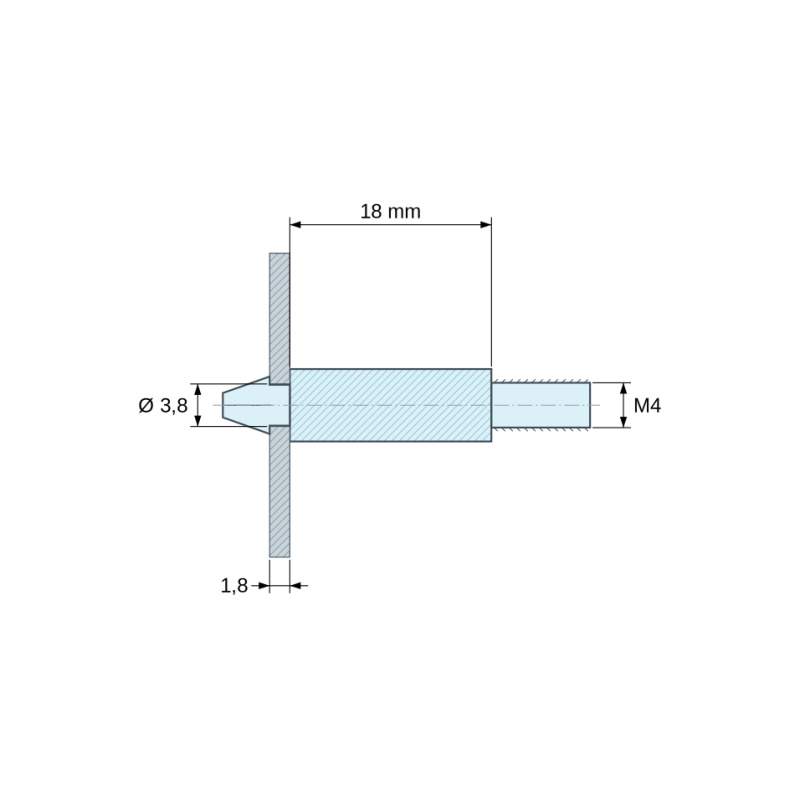 Disegno quotato 18 mm, Supporto per circuito stampato a scatto, filettato M4, nylon PA6.6 nero UL94-HB, foro Ø3,8 mm, circuito 1,8 mm