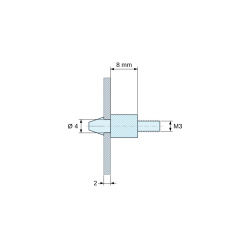 Disegno quotato 8 mm, Supporto per circuito stampato a scatto, filettato M3, nylon PA6.6 nero UL94-HB, foro Ø4 mm, circuito 2 mm