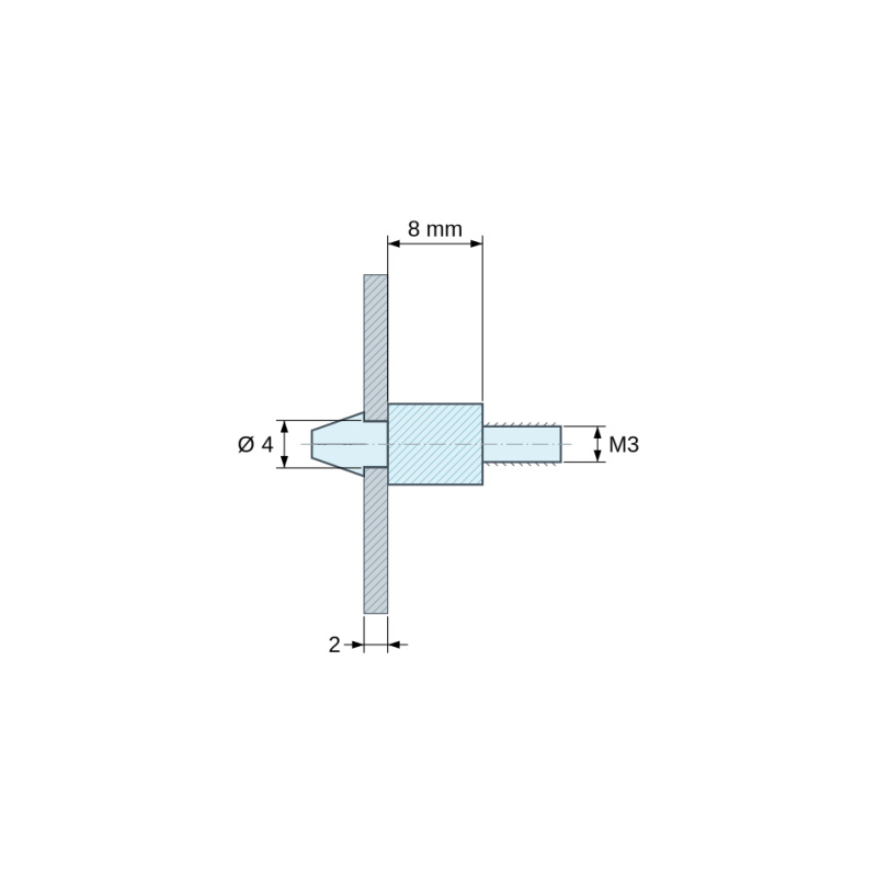 Disegno quotato 8 mm, Supporto per circuito stampato a scatto, filettato M3, nylon PA6.6 nero UL94-HB, foro Ø4 mm, circuito 2 mm