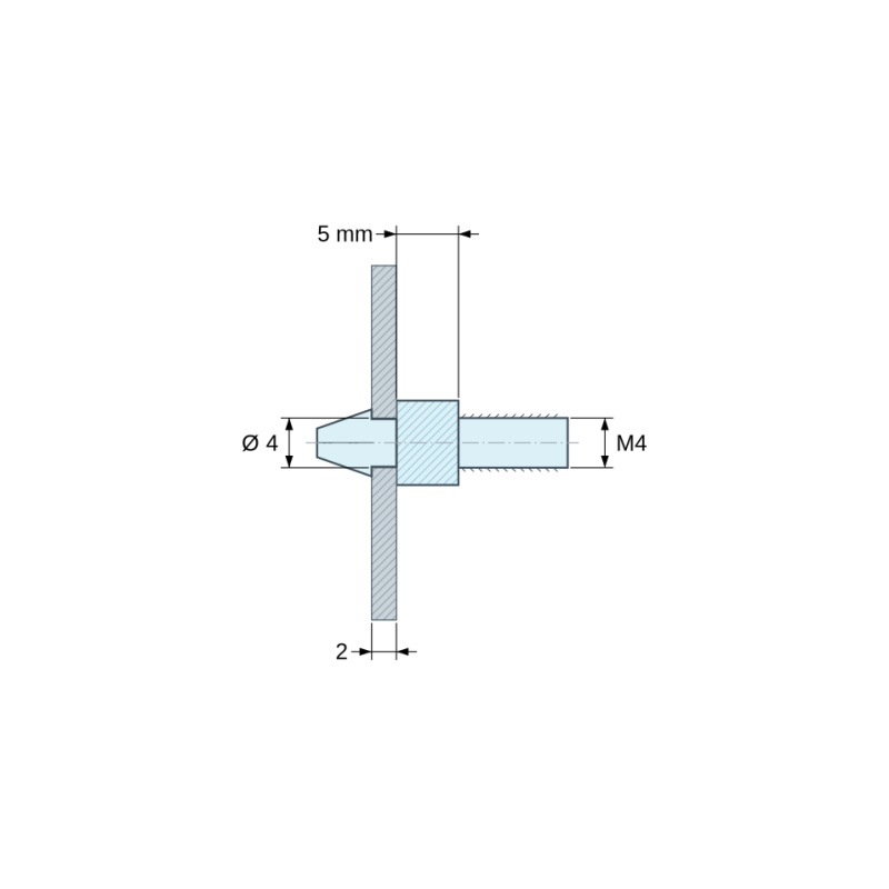 Disegno quotato 5 mm, Supporto per circuito stampato a scatto, filettato M4, nylon PA6.6 nero UL94-HB, foro Ø4 mm, circuito 2 mm
