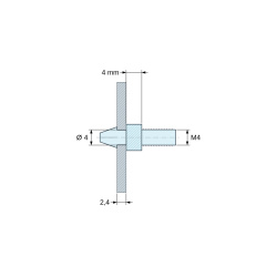 Disegno quotato 4 mm, Supporto per circuito stampato a scatto, filettato M4, nylon PA6.6 nero UL94-HB, foro Ø4 mm, circuito 2,4 mm