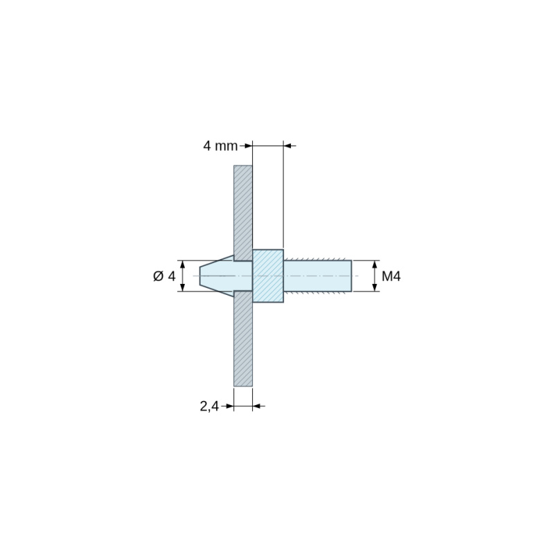Disegno quotato 4 mm, Supporto per circuito stampato a scatto, filettato M4, nylon PA6.6 nero UL94-HB, foro Ø4 mm, circuito 2,4 mm