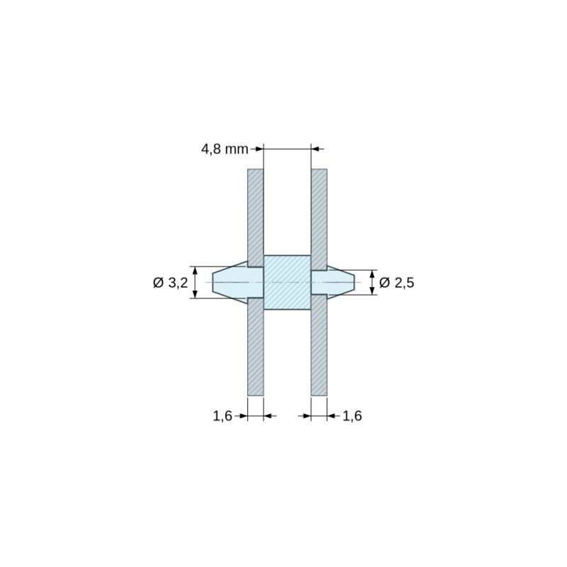 Disegno quotato 4,8 mm, Supporto PCB a doppio innesto, Poliammide PA6.6, naturale, UL94-V2, PCB Ø3,2/1,6 mm / CH Ø2,5/1,6 mm