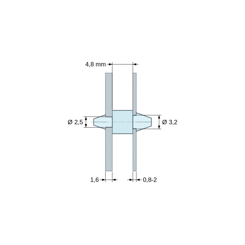 Disegno quotato 4,8 mm, Supporto PCB a doppio innesto, Poliammide PA6.6, naturale, UL94-V2, PCB Ø2,5/1,6 mm / CH Ø3,2/0,8–2 mm