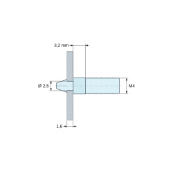 Disegno quotato 3,2 mm, Supporto per circuito stampato a scatto, filettato M4, nylon PA6.6 naturale UL94-V2, foro Ø2,5 mm, circuito 1,6 mm