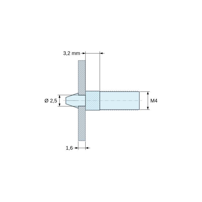 Disegno quotato 3,2 mm, Supporto per circuito stampato a scatto, filettato M4, nylon PA6.6 naturale UL94-V2, foro Ø2,5 mm, circuito 1,6 mm
