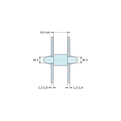 Disegno quotato 6,4 mm, Supporto PCB a doppio innesto, PA6.6 nero, UL94-V2, foro PCB Ø3 mm, spessore PCB 1,2–1,8 mm