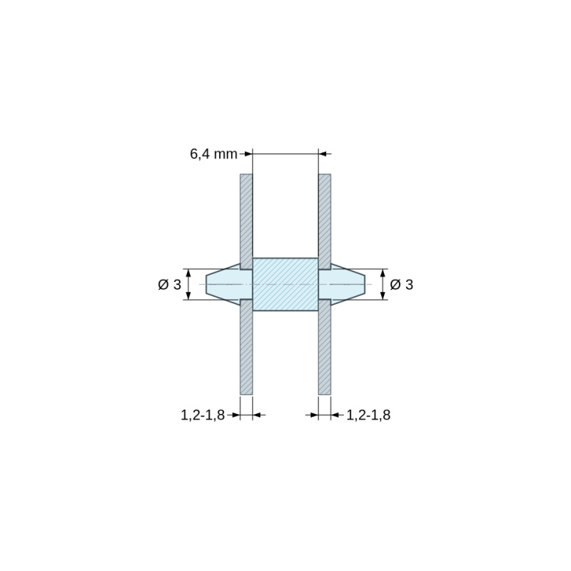 Disegno quotato 6,4 mm, Supporto PCB a doppio innesto, PA6.6 nero, UL94-V2, foro PCB Ø3 mm, spessore PCB 1,2–1,8 mm