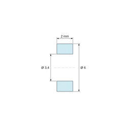 Disegno quotato 2 mm, Distanziale liscio auto-ritenente, PA6.6 nero, UL94-V2, Ø3,4 × 6 mm, per vite M3