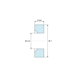 Disegno quotato 2 mm, Distanziale liscio svasato su un lato, PA6 GV25 nero UL94-HB, Ø3,4/7 mm, M3