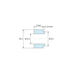 Disegno quotato 2 mm, Distanziale con spallamento PA6-FV Ø2,2×4 mm, spallamento Ø3,1×0,3 mm, per M2, UL94-HB