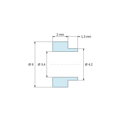 Disegno quotato 2 mm, Distanziale con spallamento PA6-FV Ø3,4×6 mm, spallamento Ø4,2×1,3 mm, per M3, UL94-HB