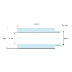 Disegno quotato 11 mm, Distanziale con spallamento PA6-FV Ø3,4×6 mm, spallamento Ø4,2×1,4 mm, per M3, UL94-HB