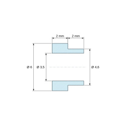 Disegno quotato 2 mm, Distanziale con spallamento PA6-FV Ø3,5×6 mm, spallamento Ø4,6×2 mm, per M3, UL94-HB