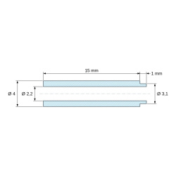 Disegno quotato 15 mm, Distanziale con spallamento PA6-FV Ø2,2×4 mm, spallamento Ø3,1×1 mm, per M2, UL94-HB
