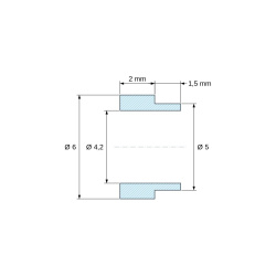Disegno quotato 2 mm, Distanziale con spallamento PA6-FV Ø4,2×6 mm, spallamento Ø5×1,5 mm, per M4, UL94-HB