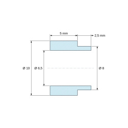 Disegno quotato 5 mm, Distanziale con spallamento PA6-FV Ø6,5×10 mm, spallamento Ø8×2,5 mm, per M6, UL94-HB
