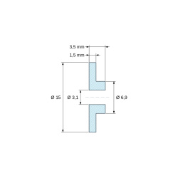 Disegno quotato 3,5 mm, Boccola di isolamento flangiata Ø3,1x15mm, spallamento basso Ø6,9mm, nylon PA6 naturale UL94-V2