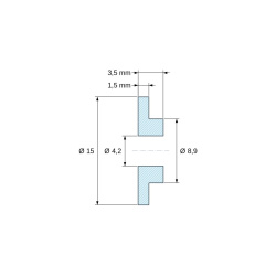 Disegno quotato 3,5 mm, Boccola di isolamento flangiata Ø4,2x15mm, spallamento basso Ø8,9mm, nylon PA6 naturale UL94-V2