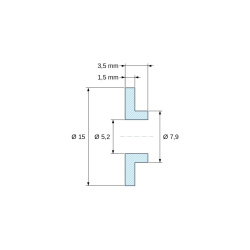 Disegno quotato 3,5 mm, Boccola di isolamento flangiata Ø5,2x15mm, spallamento basso Ø7,9mm, nylon PA6 naturale UL94-V2