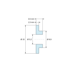Disegno quotato 3,5 mm, Boccola di isolamento flangiata Ø5,2x15mm, spallamento basso Ø8,9mm, nylon PA6 naturale UL94-V2