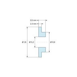 Disegno quotato 3,5 mm, Boccola di isolamento flangiata Ø5,2x15mm, spallamento basso Ø9,9mm, nylon PA6 naturale UL94-V2
