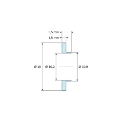 Disegno quotato 3,5 mm, Boccola di isolamento flangiata Ø10,2x18mm, spallamento basso Ø10,9mm, nylon PA6 naturale UL94-V2