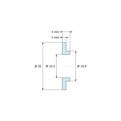 Disegno quotato 4 mm, Boccola di isolamento flangiata Ø12,2x25mm, spallamento basso Ø15,8mm, nylon PA6 naturale UL94-V2
