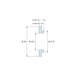 Disegno quotato 4 mm, Boccola di isolamento flangiata Ø14,2x25mm, spallamento basso Ø17,8mm, nylon PA6 naturale UL94-V2