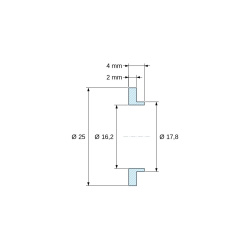 Disegno quotato 4 mm, Boccola di isolamento flangiata Ø16,2x25mm, spallamento basso Ø17,8mm, nylon PA6 naturale UL94-V2