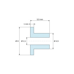 Disegno quotato 5,5 mm, Boccola di isolamento flangiata Ø2,1x8mm, spallamento alto Ø4,5mm, nylon PA6.6 nero rinforzato con fibra di vetro UL94-HB