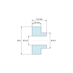 Disegno quotato 4,2 mm, Boccola di isolamento flangiata Ø2,6x8mm, spallamento basso Ø4,5mm, nylon PA6.6 nero rinforzato con fibra di vetro UL94-HB