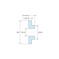Disegno quotato 2,1 mm, Boccola di isolamento flangiata Ø2,6x8mm, spallamento basso Ø4,8mm, nylon PA6.6 nero rinforzato con fibra di vetro UL94-HB