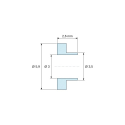 Disegno quotato 2,6 mm, Boccola di isolamento flangiata Ø3x5,9mm, spallamento alto Ø3,5mm, nylon PA6.6 nero rinforzato con fibra di vetro UL94-HB