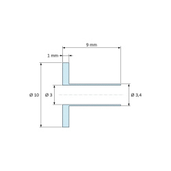 Disegno quotato 9 mm, Boccola di isolamento flangiata Ø3x10mm, spallamento alto Ø3,4mm, nylon PA6.6 nero rinforzato con fibra di vetro UL94-HB