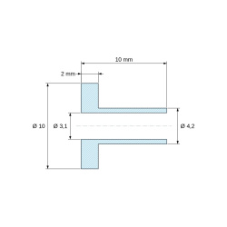 Disegno quotato 10 mm, Boccola di isolamento flangiata Ø3,1x10mm, spallamento alto Ø4,2mm, nylon PA6.6 nero rinforzato con fibra di vetro UL94-HB